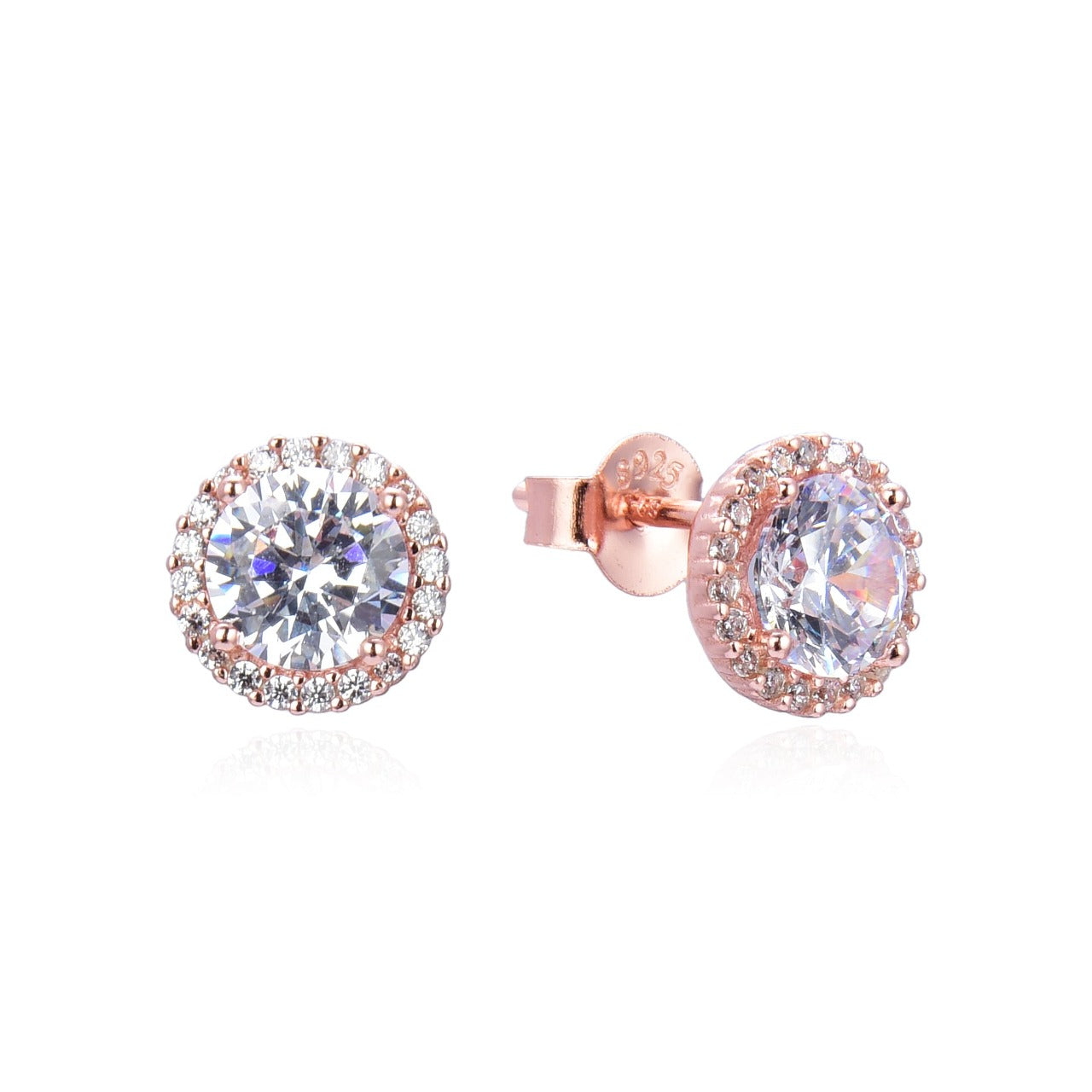 Kilkenny Silver Rose Gold Circular Halo Stud Earrings Rose gold plated sterling silver circular halo stud earrings with cubic zirconia stones