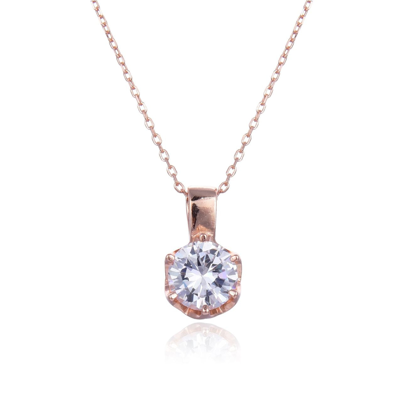 Rose Gold Halo Necklace Rose gold plated sterling silver necklace with cubic zirconia stone and detailed crafting on the finding.