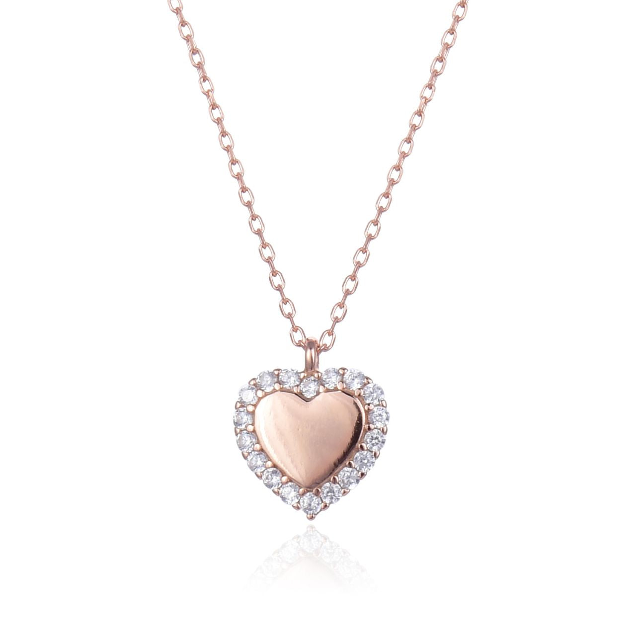 Rose Gold Glistening Heart Necklace by Kilkenny Silver Rose gold plated sterling silver heart necklace with a cubic zirconia outline.