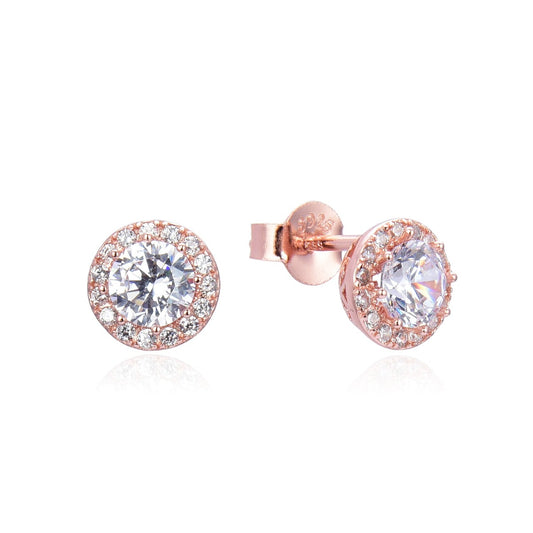 Kilkenny Silver Rose Gold Halo CZ Stud Earrings  Rose gold plated sterling silver halo stud earrings with cubic zirconia stones.