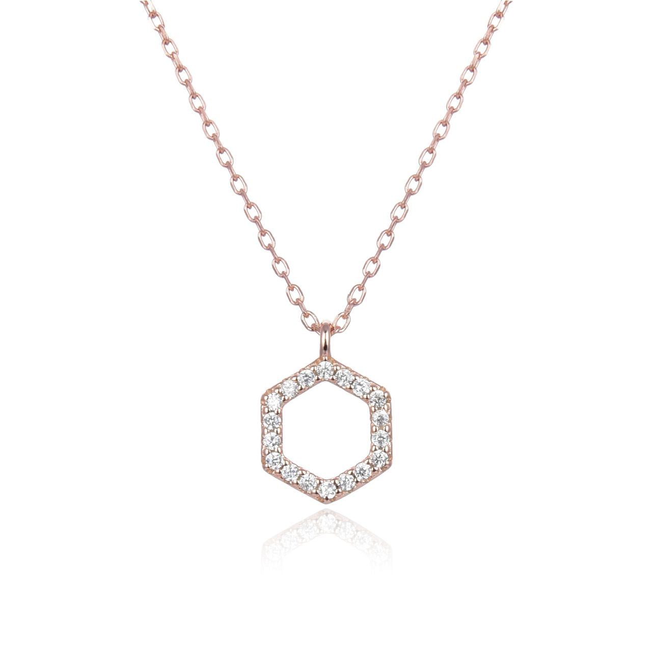 Rose Gold Hexagonal Necklace by Kilkenny Silver Rose gold plated sterling silver hexagonal necklace with cubic zirconia stones.