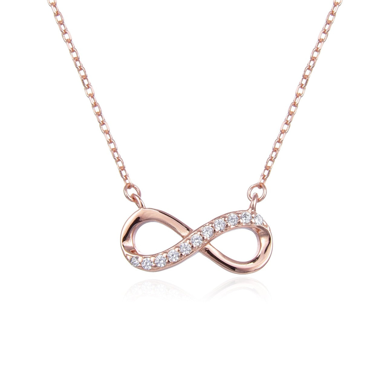 Rose Gold Infinity Necklace by Kilkenny Silver Rose gold plated sterling silver infinity love necklace with cubic zirconia stones.