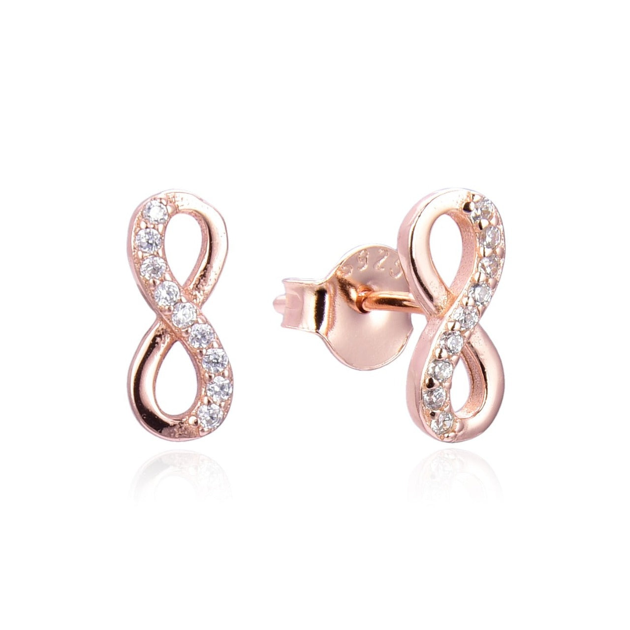 Rose Gold Infinity Stud Earrings by Kilkenny Silver Rose gold plated sterling silver infinity love stud earrings with cubic zirconia stones.