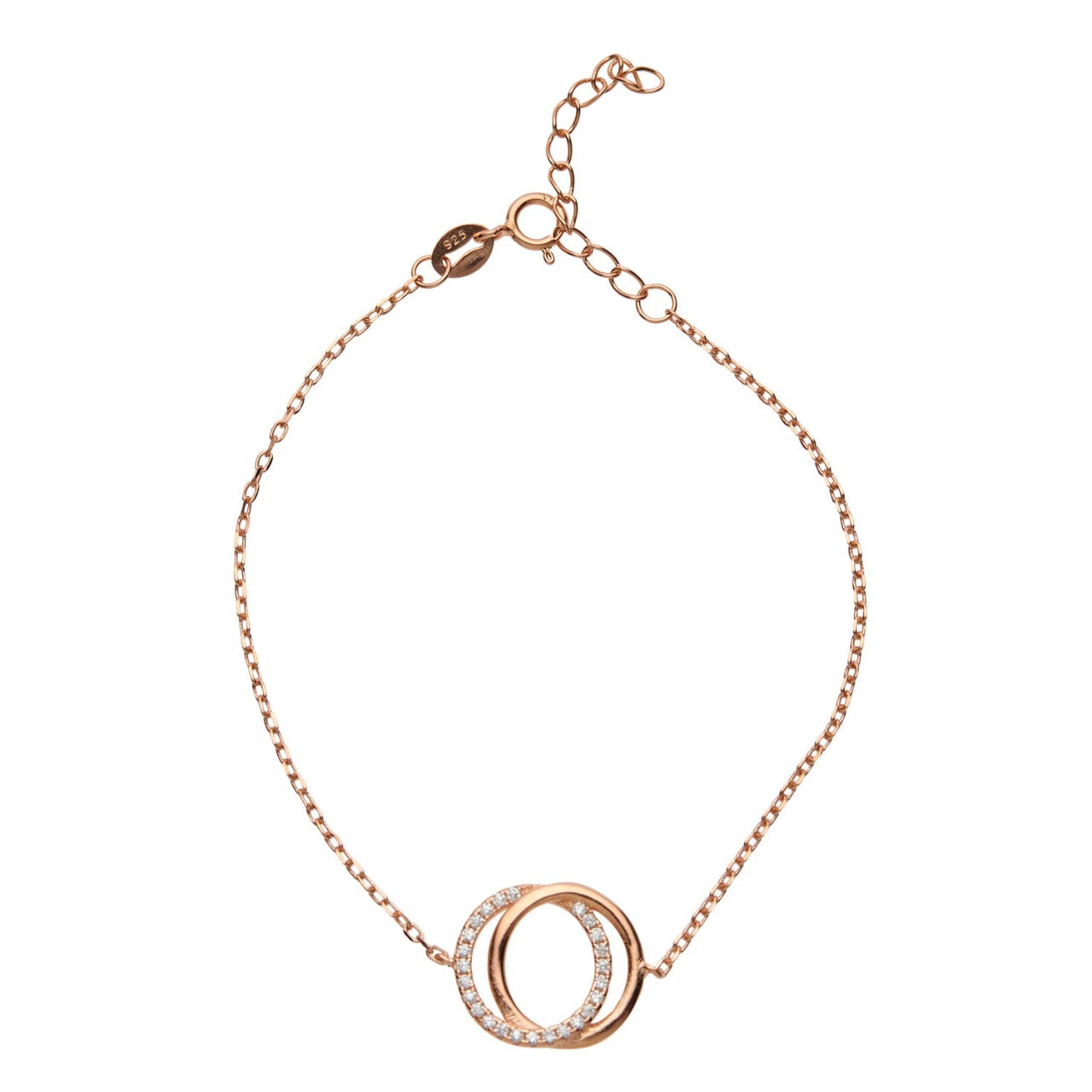 Rose Gold Interlocked Circle Bracelet by Kilkenny Silver Sterling silver rose gold plated bracelet with clear colour cubic zirconia stones.