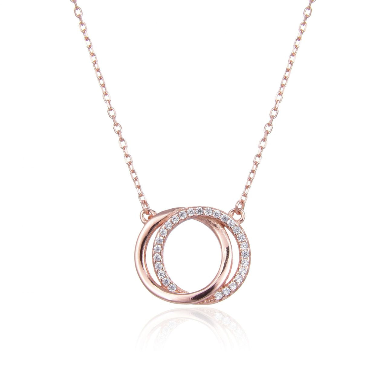 Rose Gold Interlocked Circle Necklace by Kilkenny Silver Rose gold plated sterling silver interlocked circle necklace with cubic zirconia stones.