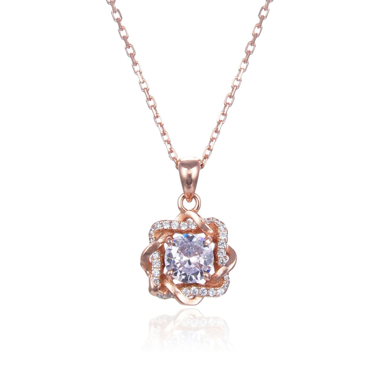 Rose Gold Knot of Love Necklace by Kilkenny Silver Rose gold plated sterling silver knot of love necklace with cubic zirconia stones.