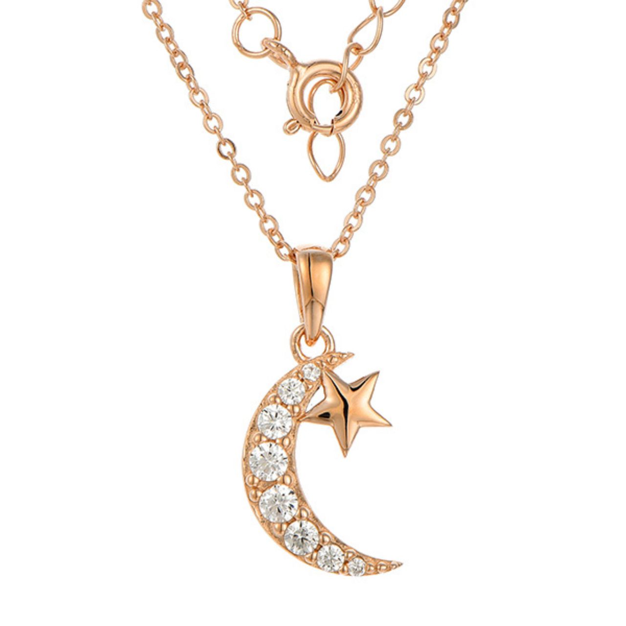 Rose Gold Moon and Star Necklace by Kilkenny Silver Rose gold plated sterling silver moon and star stud necklace with clear coloured cubic zirconia stones.