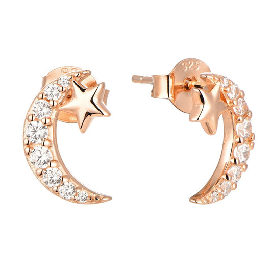 Rose Gold Moon And Stars Stud Earrings  Rose gold sterling silver moon and star stud earrings with clear coloured cubic zirconia stones.