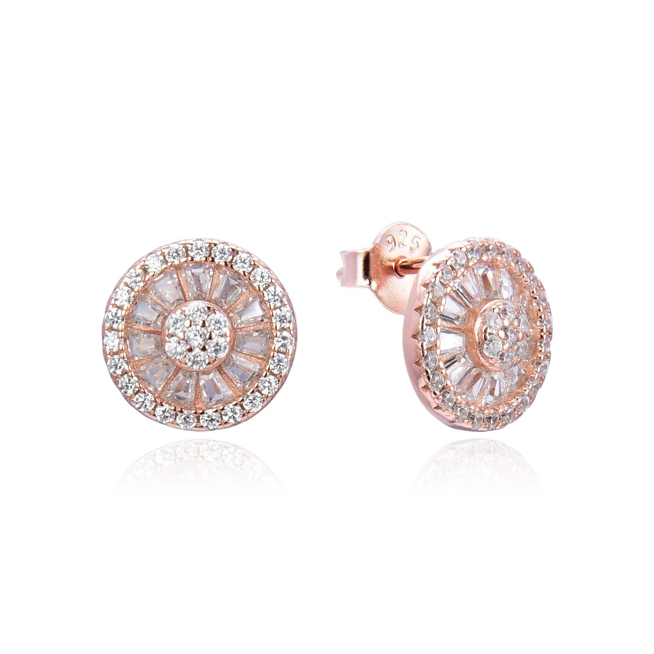 Kilkenny Silver Rose Gold Rosette Stud Earrings Rose gold plated sterling silver rosette style stud earrings with cubic zirconia stones.