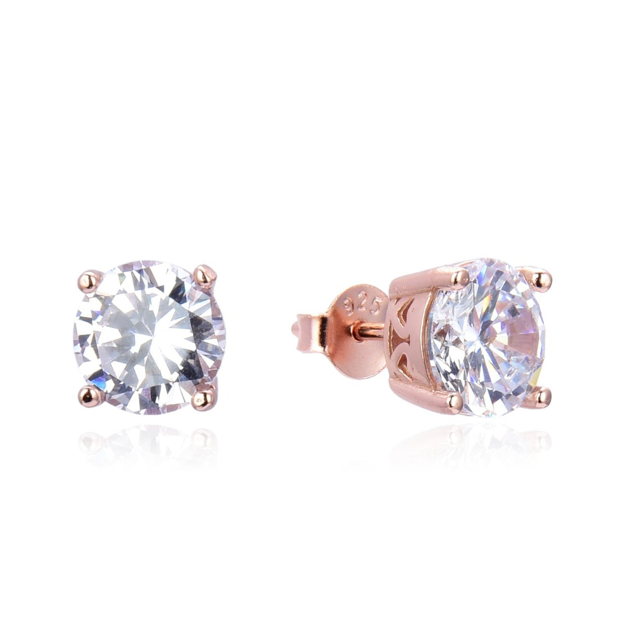 Kilkenny Silver Rose Gold Stud Earrings with CZ Stone Rose gold plated sterling silver stud earring with cubic zirconia stone. This design has has a unique look with extra detailing on the body of the earring.