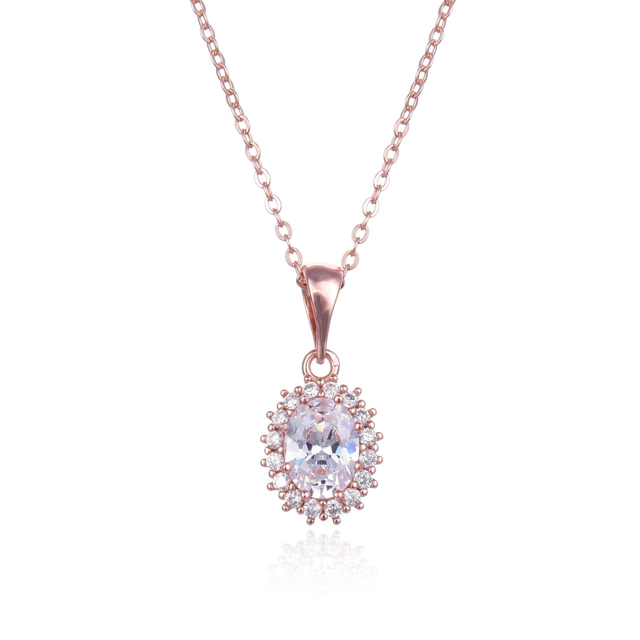 Rose Gold Oval Necklace by Kilkenny Silver Rose gold plated sterling silver oval shaped necklace with cubic zirconia stones.