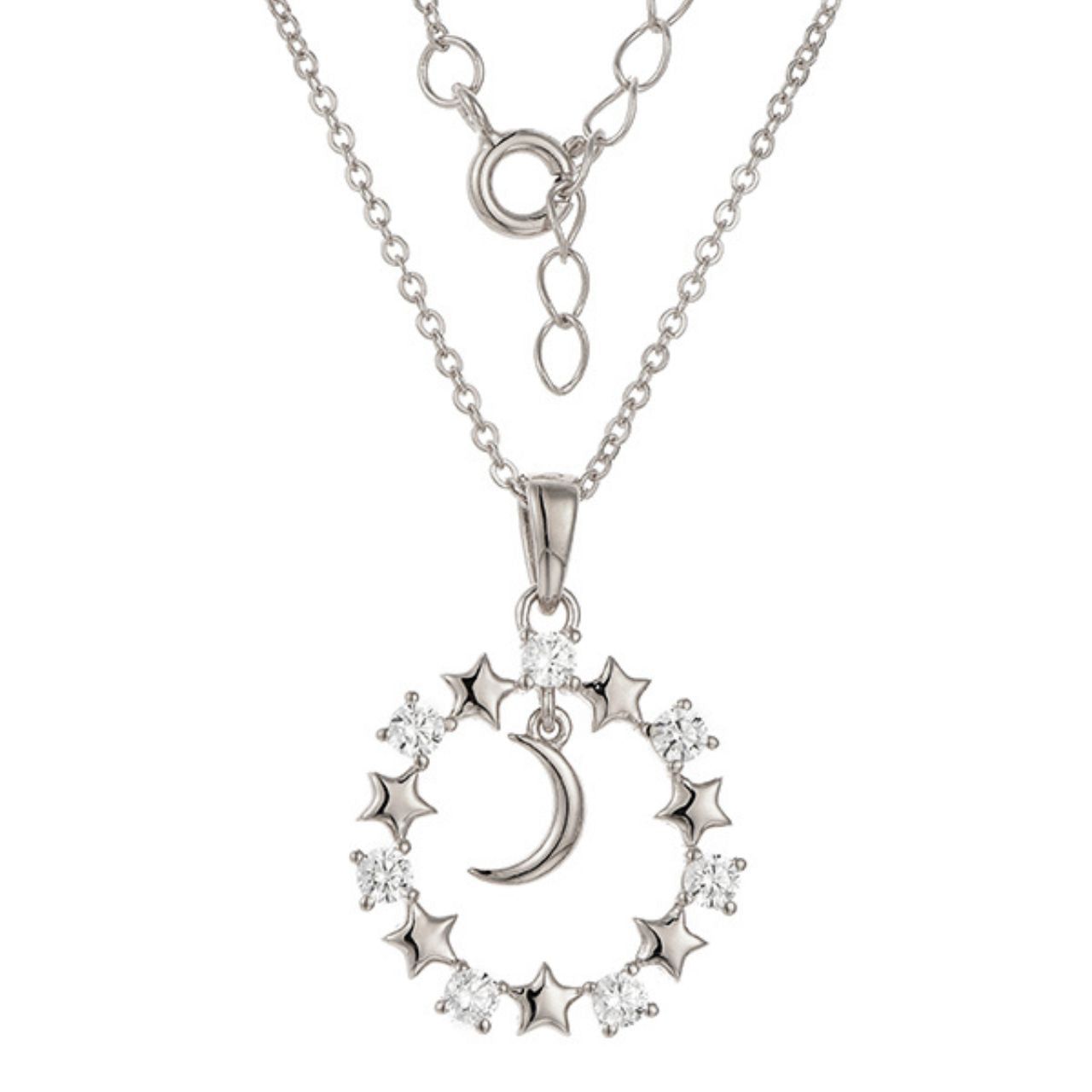 Silver Starry Night Necklace by Kilkenny Silver Sterling silver necklace with has a moon surrounded by stars and sparkly cubic zirconia to give starry night design.