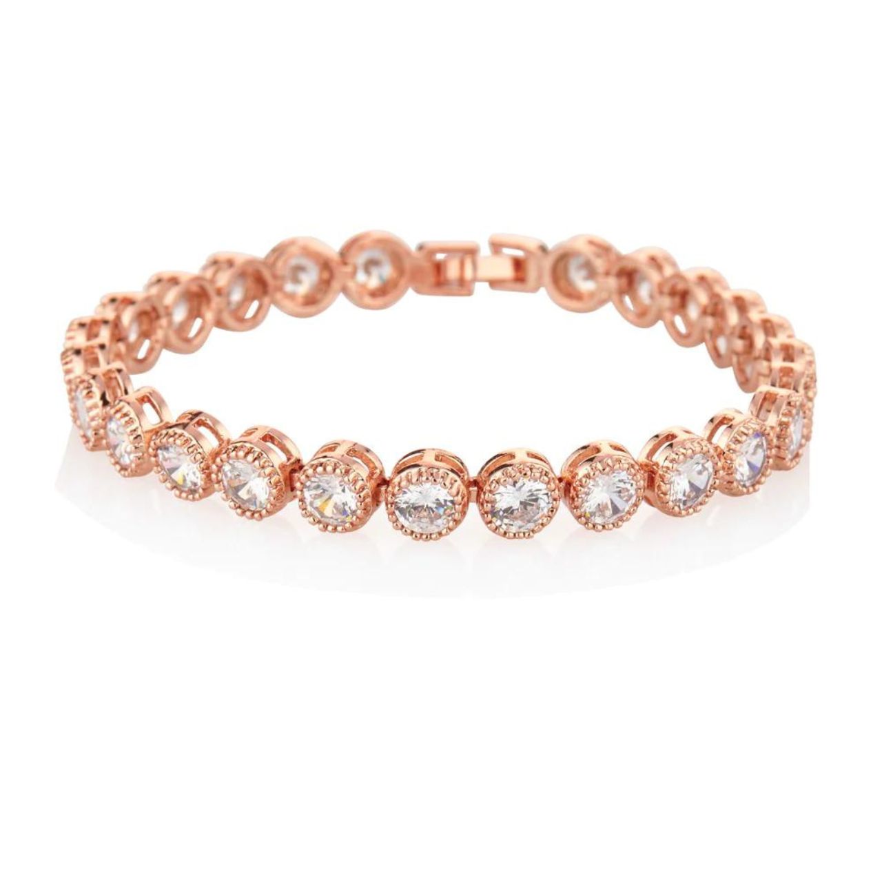 Knight & Day Danna Rose Gold Plated Tennis Bracelet Beautiful rose gold plated tennis bracelet with CZ stones. Fold over clasp fastening.