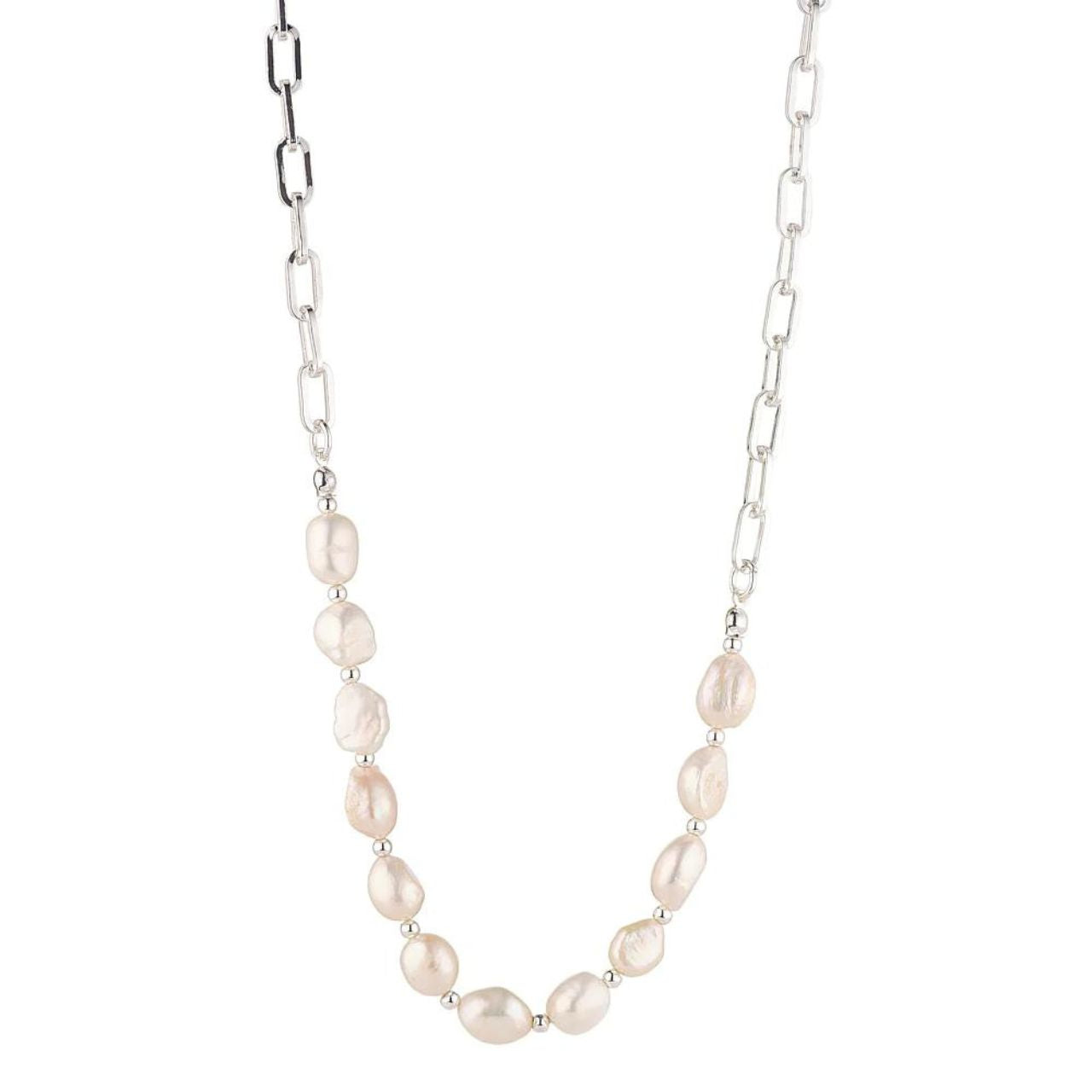 Silver Plated Freshwater Pearl & Paperclip Chain Necklace by Knight & Day The Knight & Day necklace features a silver plated chain adorned with freshwater pearls and paperclip links, resulting in a unique aesthetic.