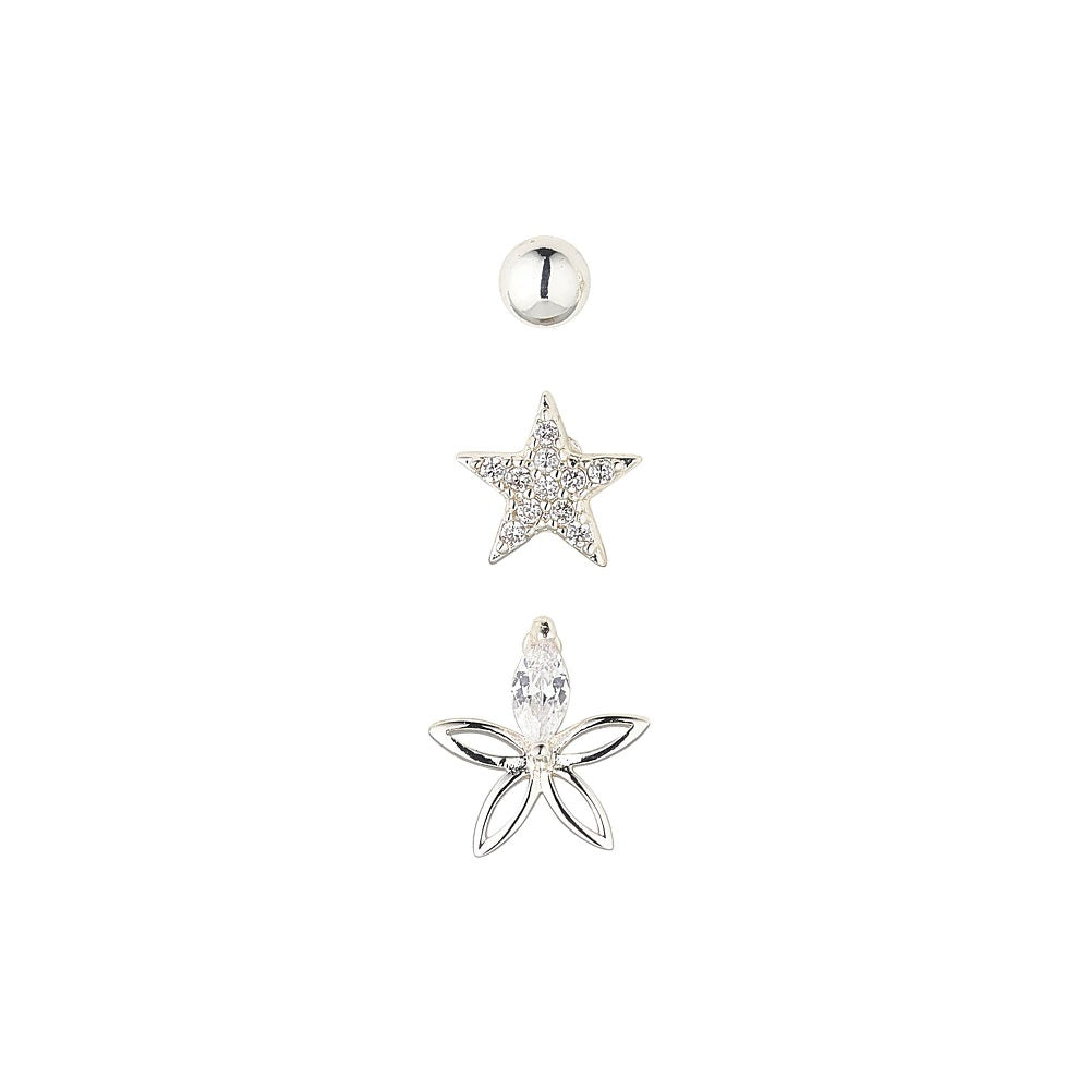 Knight & Day Harper Silver Tri Set Earrings Set of 3 earrings, floral, star & beaded stud shapes, ideal for stacking. Stud fastening. Silver plating.