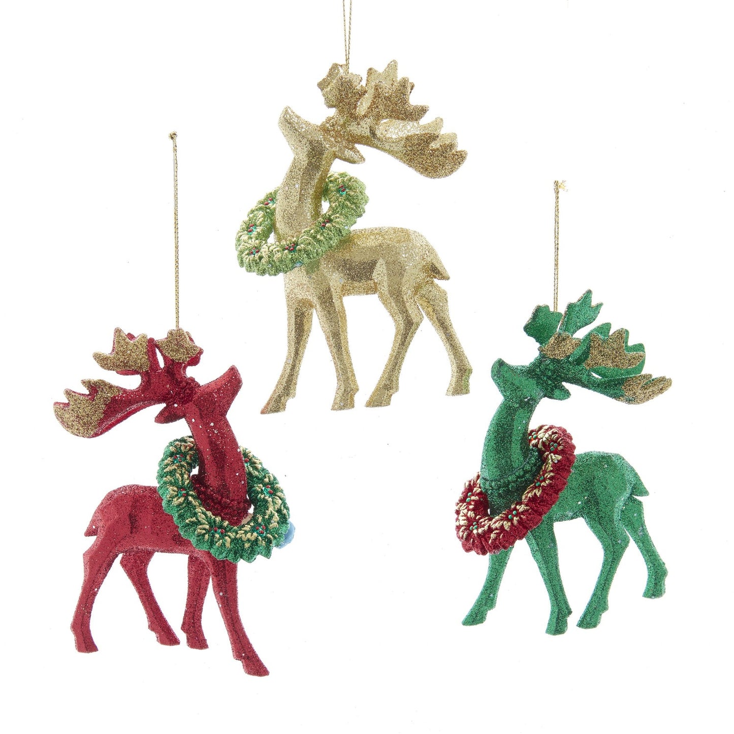 Kurt S Adler Christmas Glittered Deer Ornaments Green
