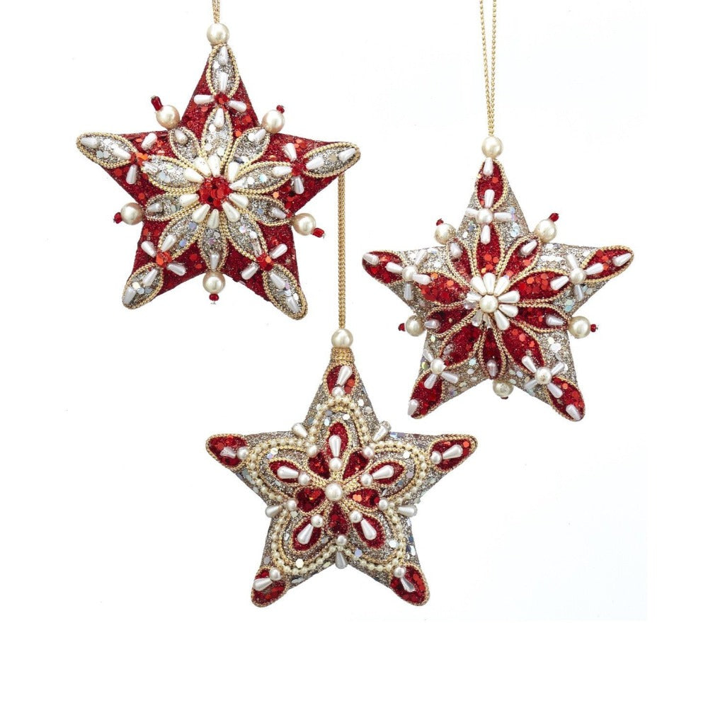 Kurt S Adler Ruby Platinum Christmas Star Hanging Ornament - Silver Ruby and platinum hanging star ornaments from Kurt Adler are the perfect addition to your holiday décor or Christmas tree. The star shaped ornaments feature an intricate design created with pearls, beads, glitter and mica.