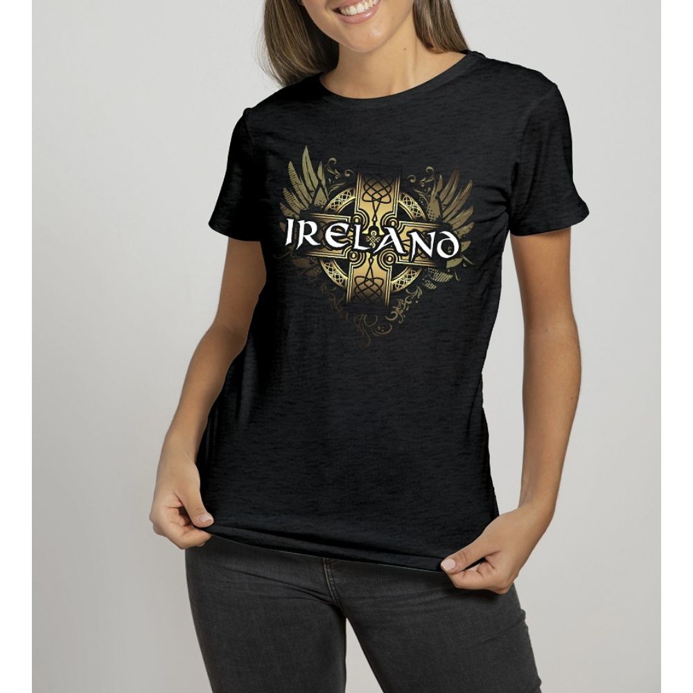 Cara Craft Ladies Ireland Celtic Wings T-Shirt Black - 70% cotton* and 30% polyester - Ash 99% cotton,1% polyester - Crew Neck - Designed And Printed in Ireland By Cara craft - Machine Washable