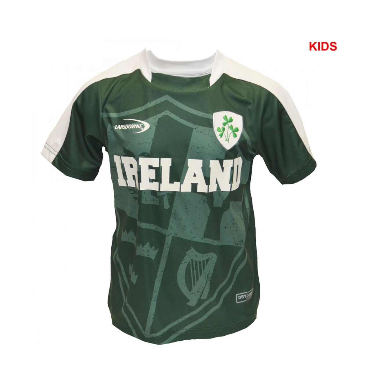 Lansdowne Sports Official Collection Bottle Green Sublimated Kids Top Bottle green sublimated kids top is part of the Lansdowne Sports Official Collection. This sporty top has Ireland's Four Province crest sublimated within the top itself. Shamrock badge and embroidered logo.