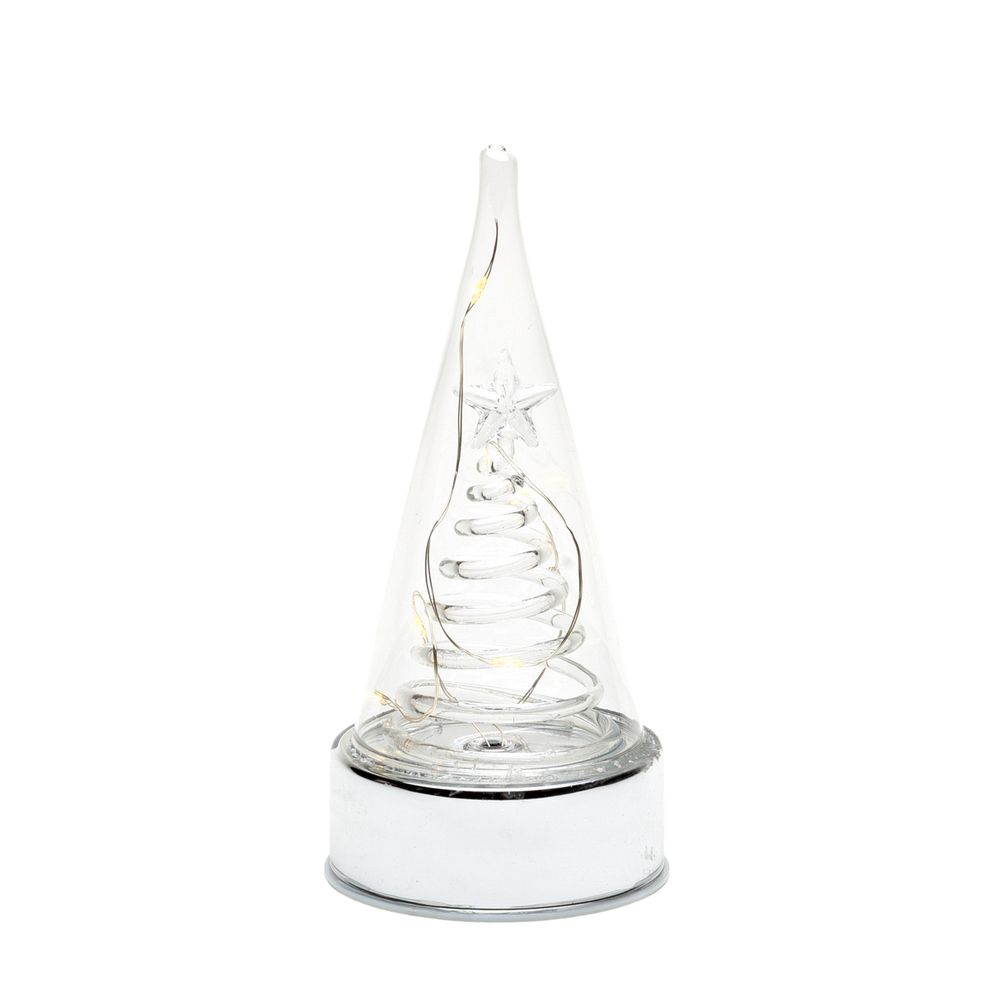 LED Light Up Silver Glass Christmas Tree 18 cm Create a spectacular dreamland in your home with Christmas in New York. Be transported to the wondrous big city with sparkling lights, mirrored features and shadowy undertones. Make some noise and spread the excitement with silver and glass statement pieces.