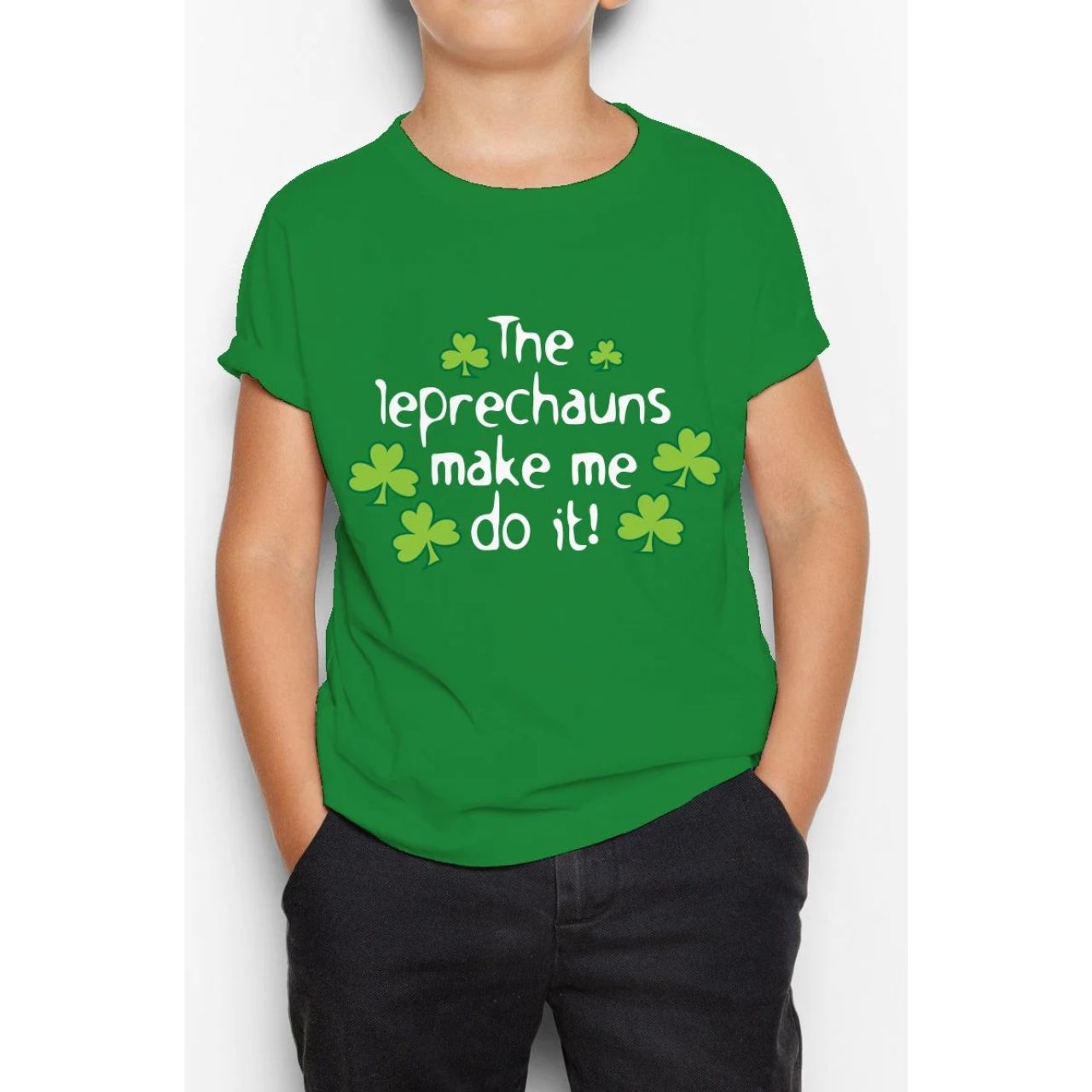Leprechauns Made Me Do It Kids Green T-shirt - 100% cotton* - Ash 99% cotton,1% polyester - Heather Grey 97% cotton, 3% polyester - Crew Neck - Designed And Printed in Ireland By Cara craft - Machine Washable