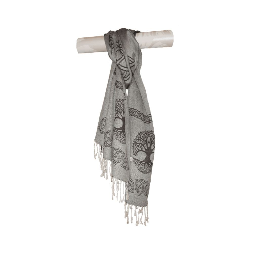 Tree Of Life Pashmina Scarf Light Grey This is a luxurious pashmina scarf from Ireland. Beautiful soft cotton and fine silk combine to make the elegant shawl, wrap or scarf – whichever way you chose to wear it.