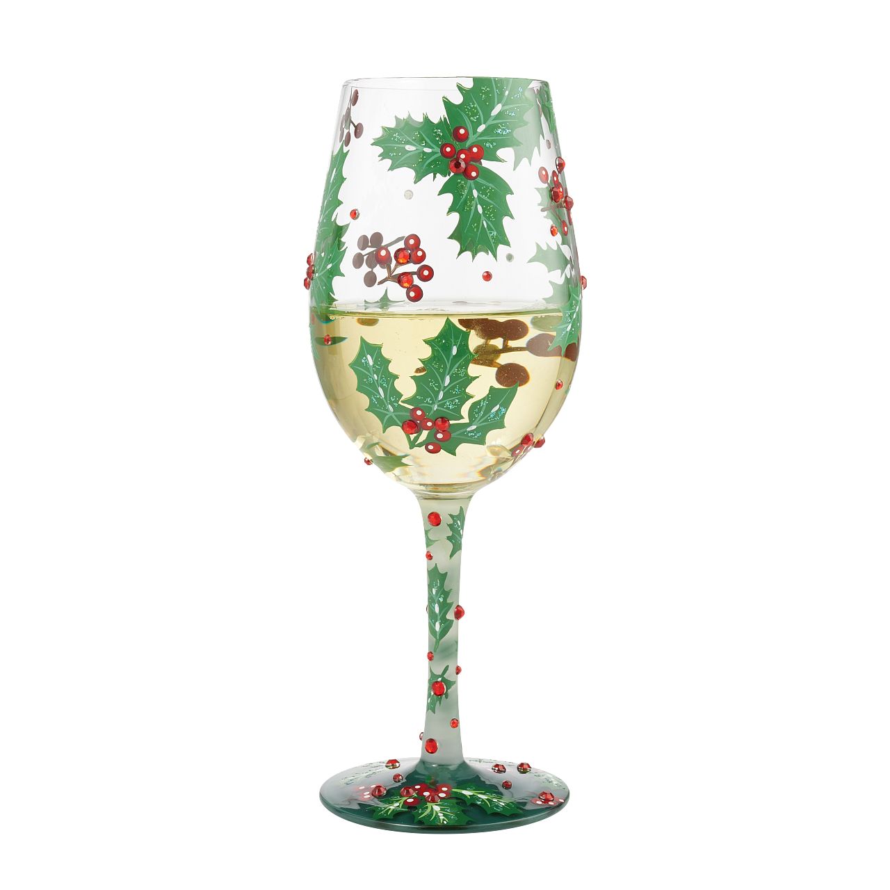 Holly Jolly Wine Glass by Lolita Cheers to a cosy winter season our Holly Jolly Wine Glass features hand painted green holly leaves with red berries and red stones for those special occasions. With a traditional Christmas design this is a show stopper in itself.