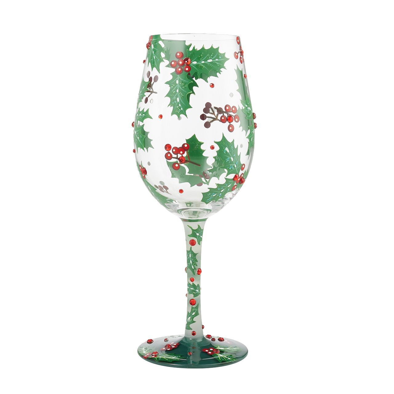 Holly Jolly Wine Glass by Lolita Cheers to a cosy winter season our Holly Jolly Wine Glass features hand painted green holly leaves with red berries and red stones for those special occasions. With a traditional Christmas design this is a show stopper in itself.