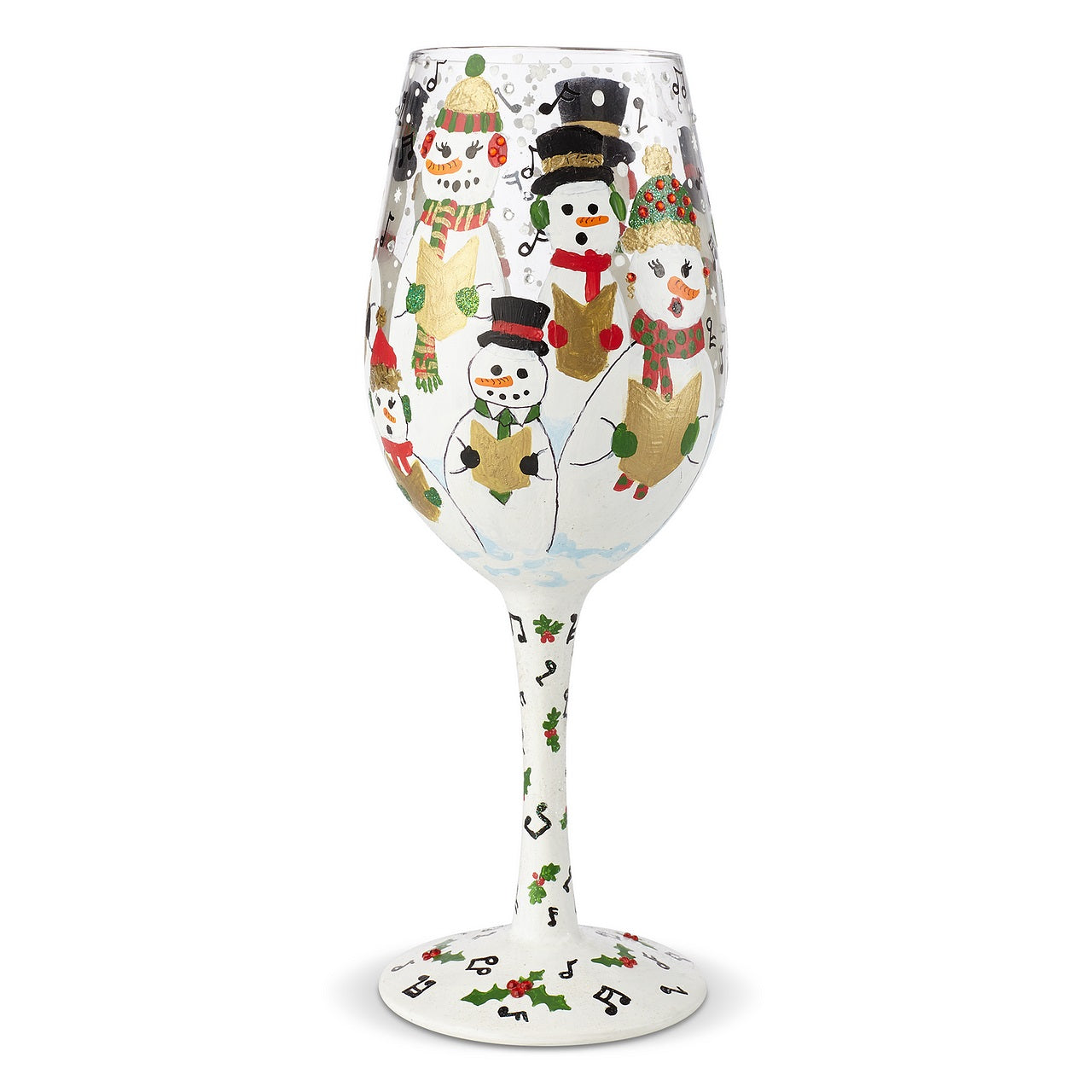 Lolita Singing in the Snow Wine Glass Lolita glasses combine hand painted accents with sassy messages that help you celebrate any occasion in style. Arrives in a beautiful gift box with Lolita's signature painted under the base of the glass.
