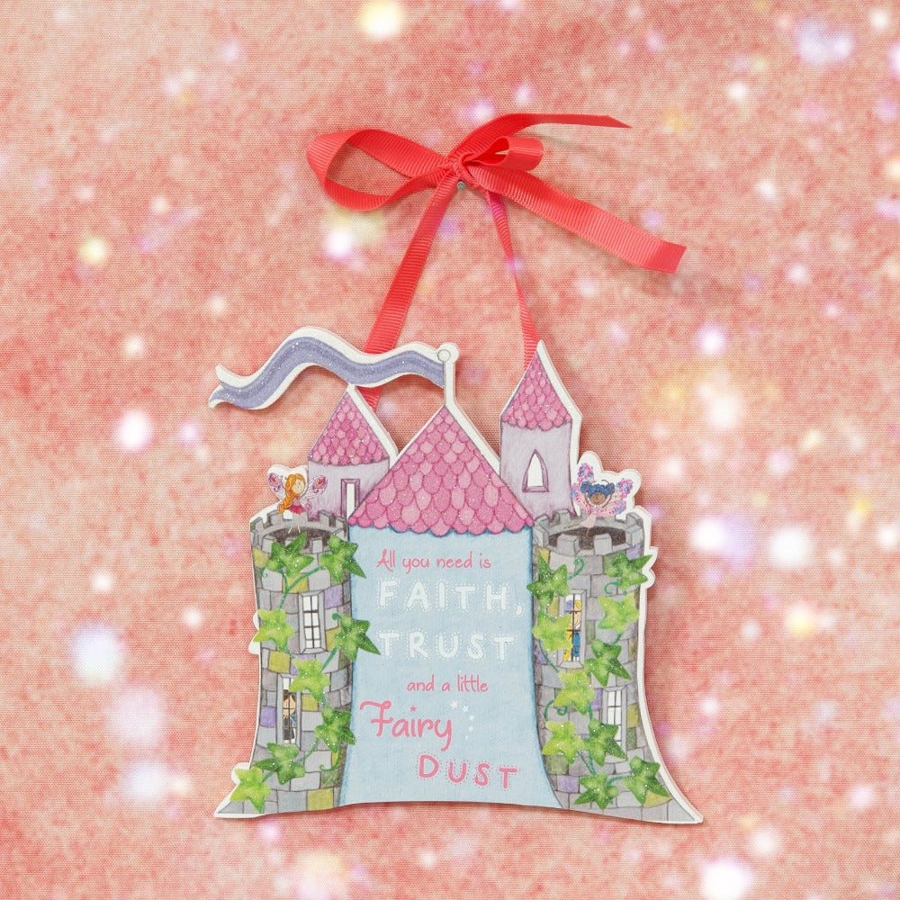 Magical Fairy Castle Hanging Plaque Create a fairy kingdom at home with this beautiful cut out fairy castle hanging plaque. From the Magical Fairy collection by Just 4 Kids - some adults don't believe in fairies, but we know better, don't we...
