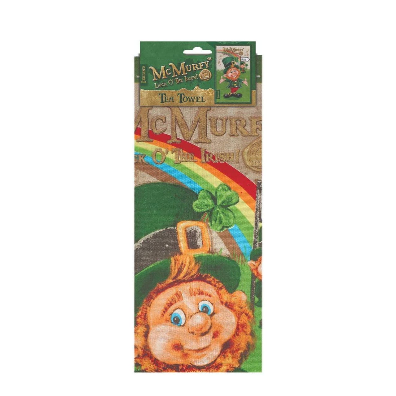 McMurfy Luck Of The Irish Tea Towel Large leprechaun, rainbow and additional leprechaun in the background Dims: 18.5 x 15.2 x 1.6 cm