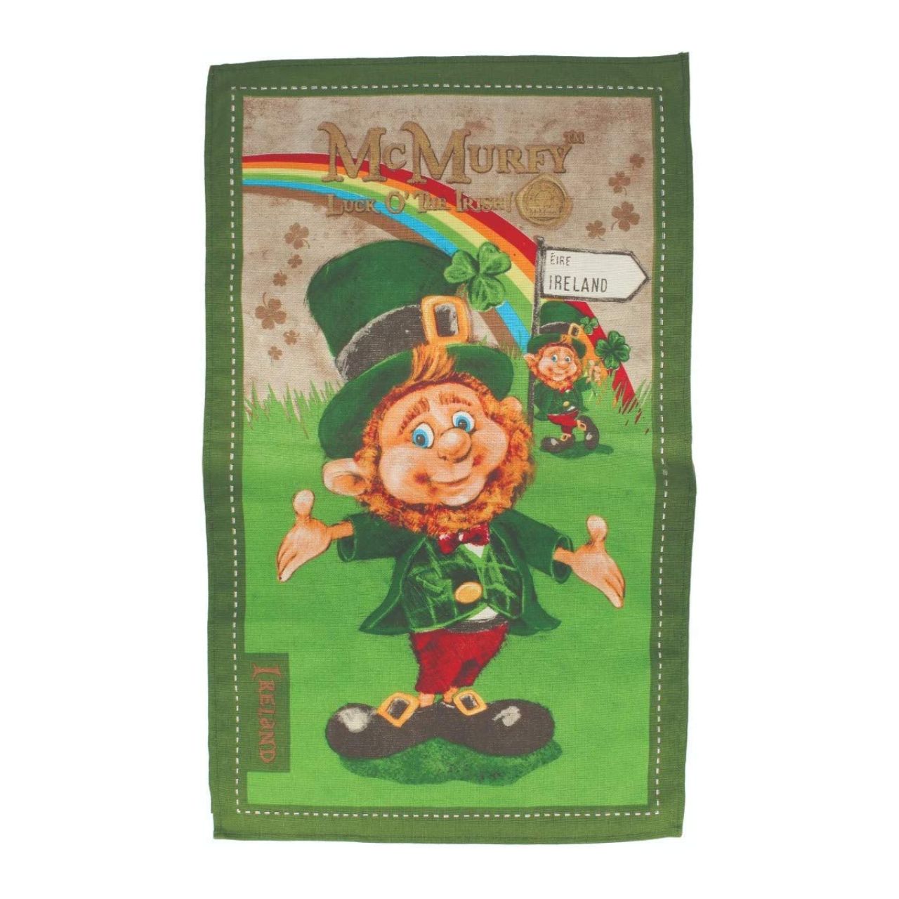 McMurfy Luck Of The Irish Tea Towel Large leprechaun, rainbow and additional leprechaun in the background Dims: 18.5 x 15.2 x 1.6 cm