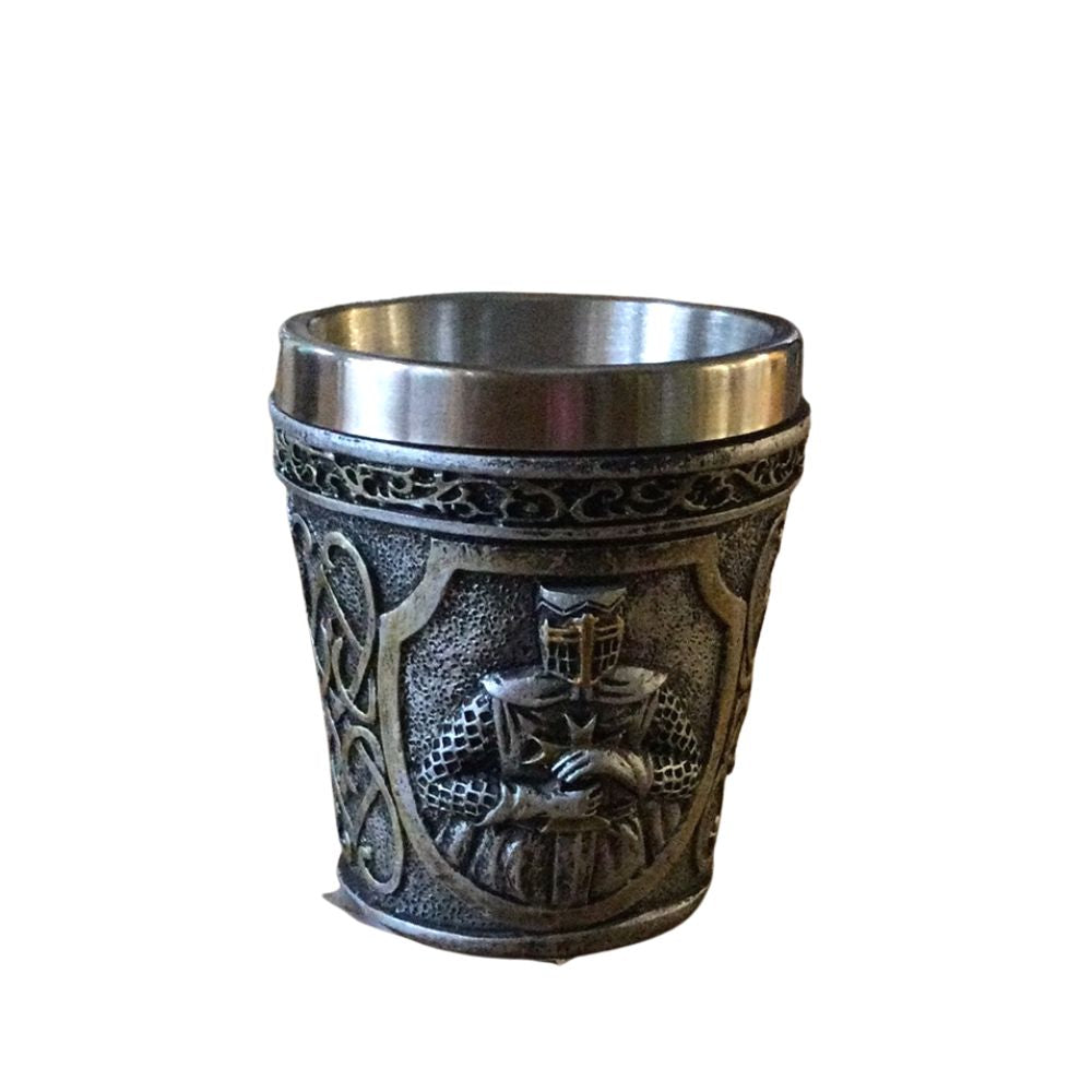Medieval Armoured Shot Glass This Knight Armoured shot glass is the perfect gift for any Medieval enthusiast. The knights hold a sword to their chests, beautifully sculpted on the main body of the shot glass.