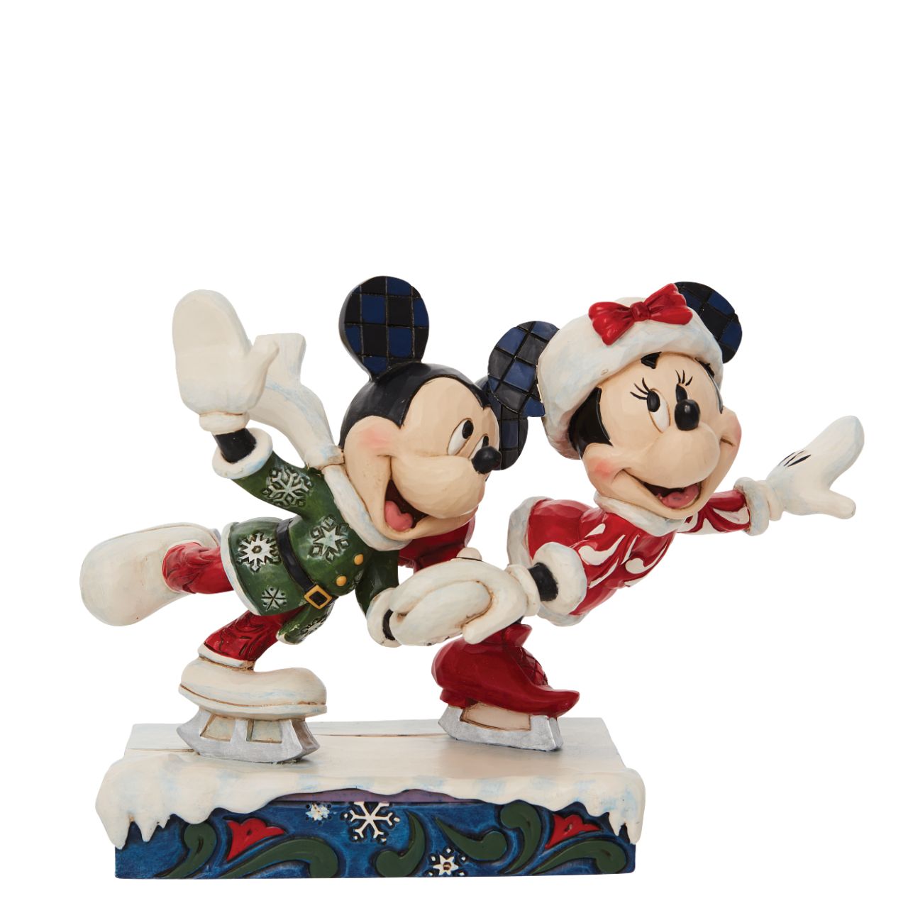 Jim Shore Mickey and Minnie Ice Skating Figurine Skating together, Mickey and Minnie Mouse warm the winter with their timeless love story. Hand in hand the pair enjoy each other's company in stunning snowflake tunics in this Jim Shore creation.