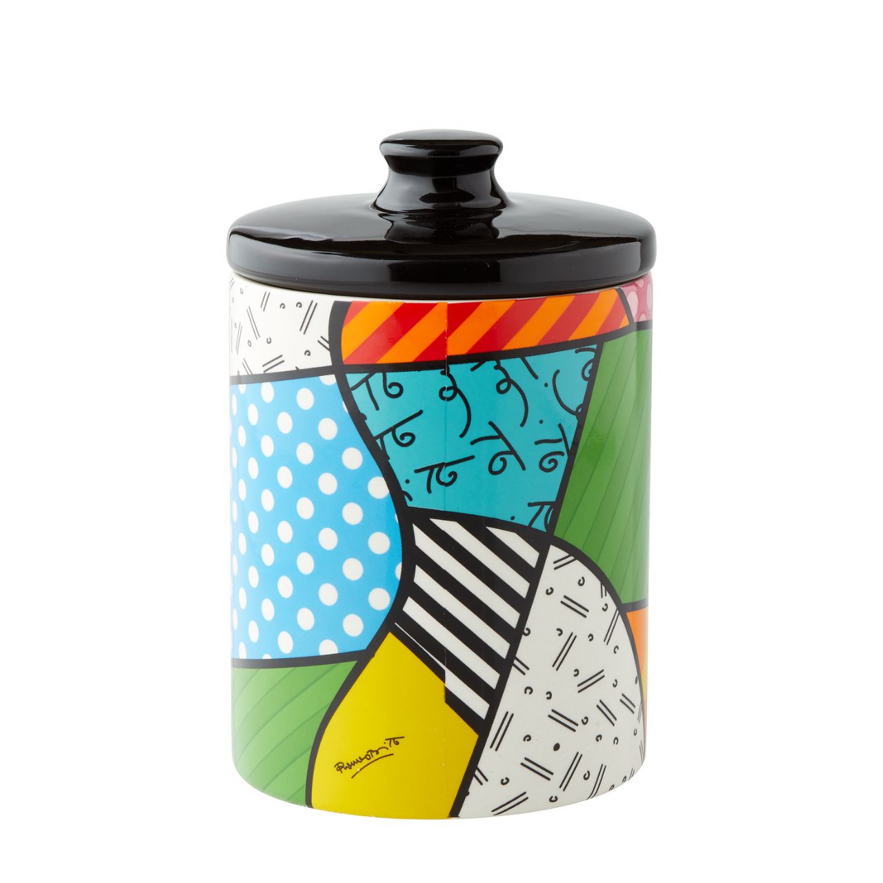 Mickey Mouse and Pluto Cookie Jar Small Mickey Mouse and his best pal Pluto are so full of life and love in this cookie jar canister designed by Romero Britto. Bright, bold, and full of friendship, it will be hard to avoid a sweet treat from such a sweet duo. Perfect for dog treats, coffee, flour, sugar or cookies.