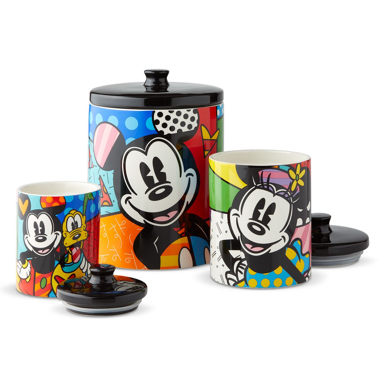 Mickey Mouse and Pluto Cookie Jar Small Mickey Mouse and his best pal Pluto are so full of life and love in this cookie jar canister designed by Romero Britto. Bright, bold, and full of friendship, it will be hard to avoid a sweet treat from such a sweet duo. Perfect for dog treats, coffee, flour, sugar or cookies.
