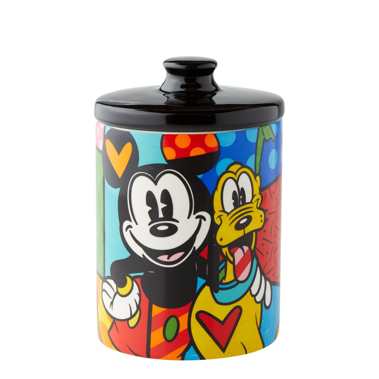 Mickey Mouse and Pluto Cookie Jar Small Mickey Mouse and his best pal Pluto are so full of life and love in this cookie jar canister designed by Romero Britto. Bright, bold, and full of friendship, it will be hard to avoid a sweet treat from such a sweet duo. Perfect for dog treats, coffee, flour, sugar or cookies.