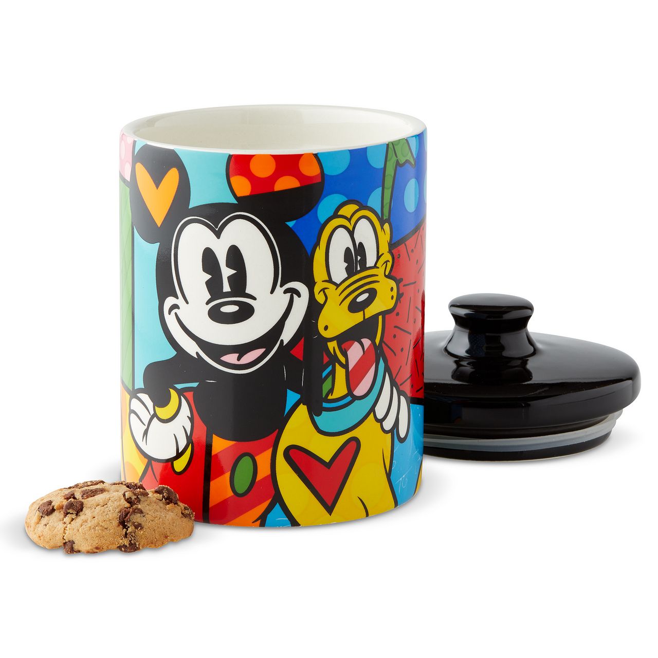 Mickey Mouse and Pluto Cookie Jar Small Mickey Mouse and his best pal Pluto are so full of life and love in this cookie jar canister designed by Romero Britto. Bright, bold, and full of friendship, it will be hard to avoid a sweet treat from such a sweet duo. Perfect for dog treats, coffee, flour, sugar or cookies.