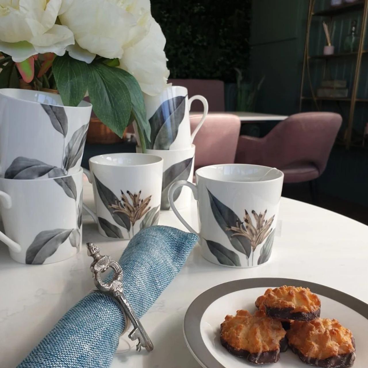 Mindy Brownes Birds Of Paradise Cups Set of 6 New bone china, dishwasher & microwave safe, birds of paradise inspired with classic shades of green, gold & grey.