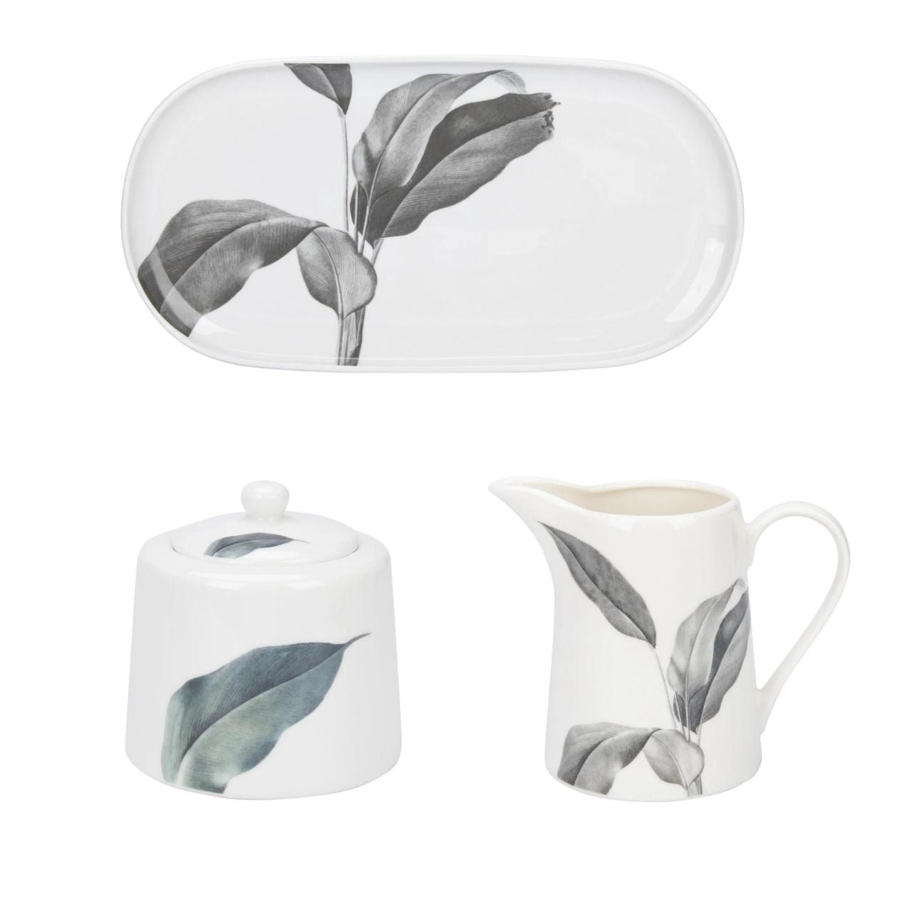 Birds of Paradise Sugar Bowl, Creamer and Serving Tray Set Latest addition to the Birds Of Paradise Tabletop Collection. A stunning Sugar Bowl, Milk Jug and Serving Tray Set. - Inspired with classic shades of green, gold & grey. - Ideal house warming gift, new home, birthday, or general occasion.