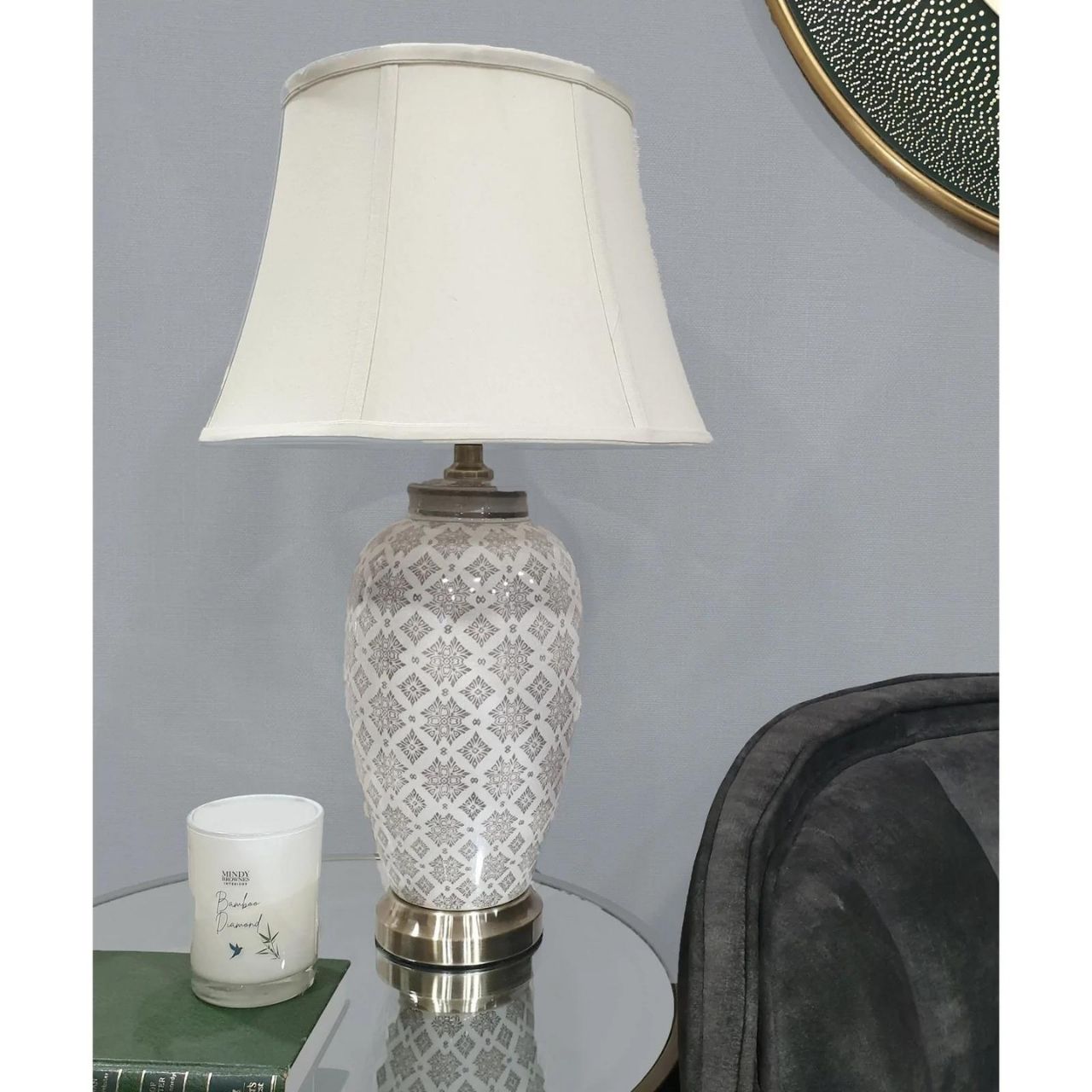 Mindy Brownes Interiors Dawn Lamp - Mindy Brownes table lamp. - Grey pattern detail, ideal for neutral styling.