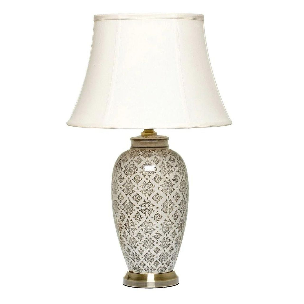 Enhance your home with this sophisticated ceramic lamp, an all time best seller designed for those who appreciate refined, neutral styling. The base features a subtle yet intricate grey pattern detail, offering a textured look that adds depth without overwhelming your space. Set upon an antique brass base, this piece combines cool tones with a touch of vintage warmth, creating a balanced and timeless aesthetic.