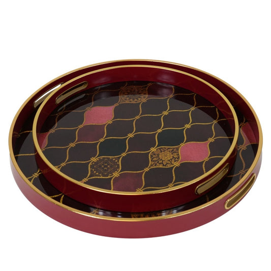 Mindy Brownes Haralson Trays Set of 2  A stunning set of two circular trays, with a rich red surround, gold rim and black interior, finished with a gold pattern and pops of pink and rich red colours.