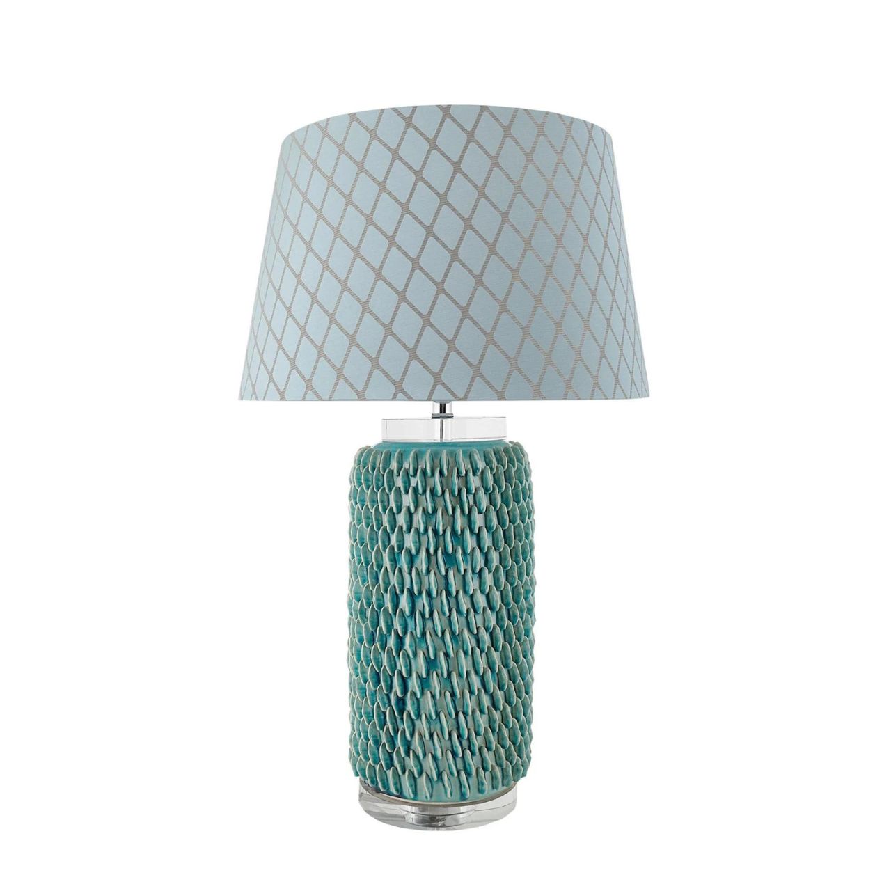 Mindy Brownes Ceramic Lexi Lamp. Aqua marine coral texture inspired lamp on a clear acrylic base with chrome detail. Ideal bedroom lamp, hall lamp or hotel lamp.