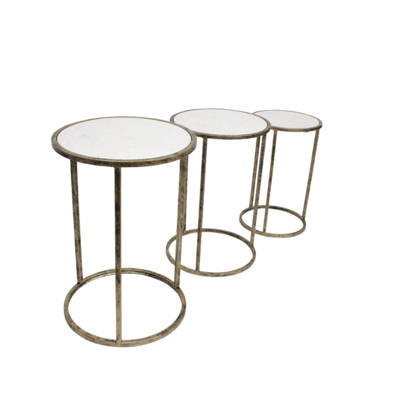 Mindy Brownes Mirror Top Nest of Tables Set of 3 Three Pod Tables that neatly stack on top of one another. Champagne gold colour in finish and a mirror top. A beautiful addition to any home. These tables only stack on top of one another, or side by side, underneath bars should not be crossed.