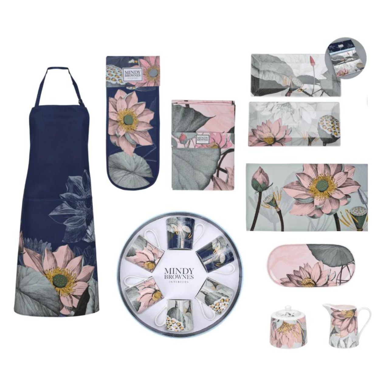 Natures Bloom Apron by Mindy Brownes Interiors A beautiful deep navy apron with front pocket depicting beautiful flowers in pink, blue and green. - Ideal house warming gift, new home, birthday or general occasion. - Part Of Our Nature Bloom Collection
