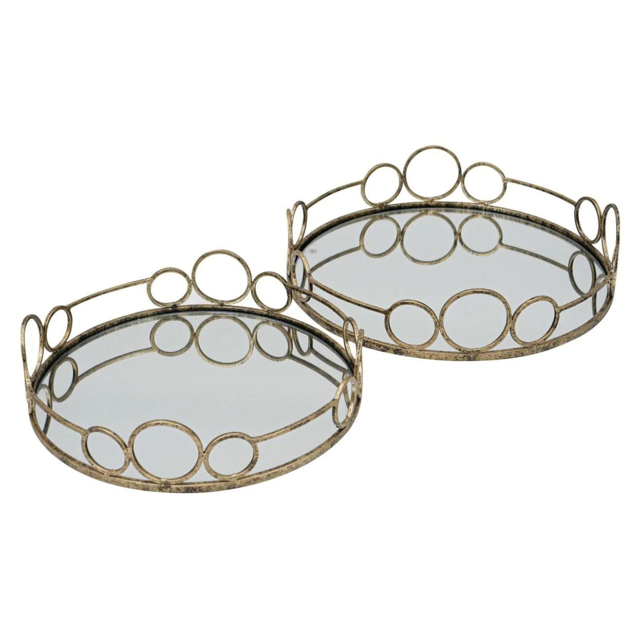 Mindy Brownes Remy Trays Set of 2 Set of two mirrored trays, Serve your drinks or nibbles in style on this deco mirror tray. Beautifully constructed from glass and metal, it's sure to make an impact. Antique gold in finish.