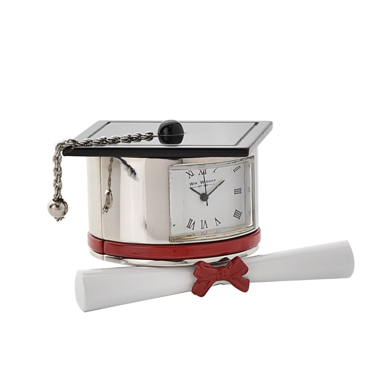 Miniature Clock Graduation Hat & Scroll A graduation hat and scroll miniature clock from WILLIAM WIDDOP®. Bring a unique and quirky touch to the home with this stylish miniature clock made with great attention to detail.