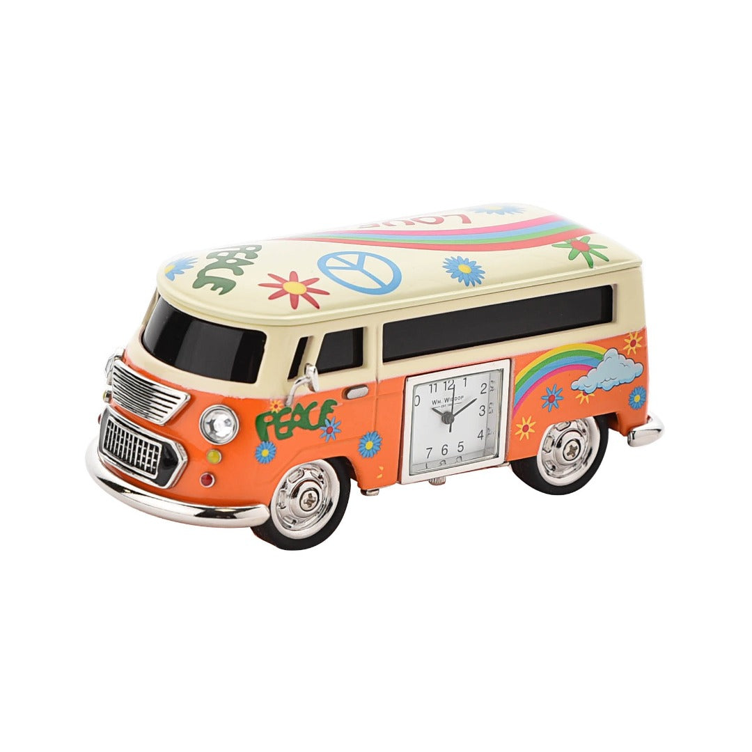 Miniature Clock Orange Camper Van by William Widdop Bring a unique and quirky touch to the home with this stylish miniature clock made with great attention to detail. The miniature camper van clock is a great gift for a classic car enthusiast or someone with an interest in the 60s Hippie era.