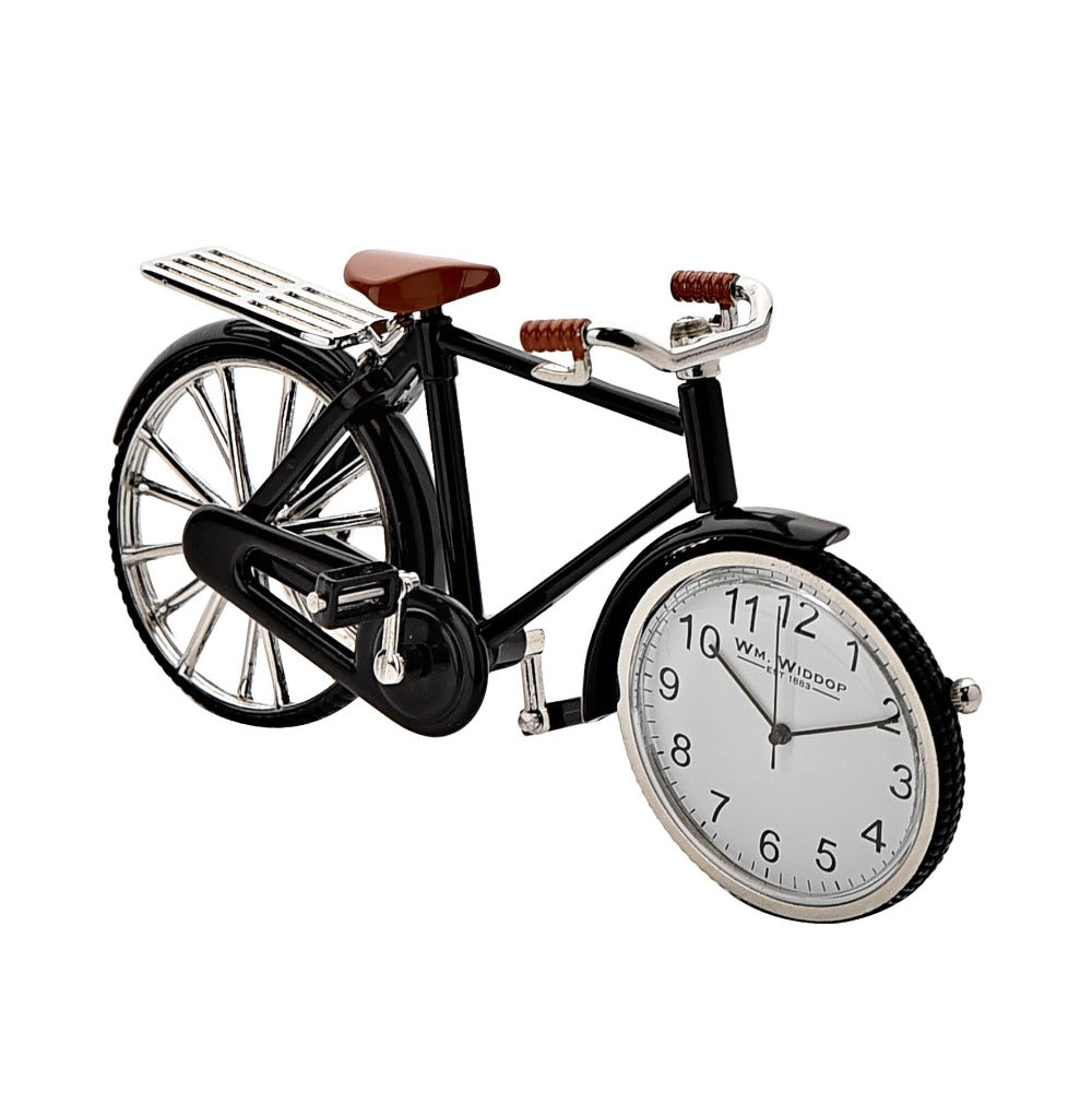 William Widdop Miniature Pedal Bike Quartz Clock Bring a unique and quirky touch to the home with this vintage pedal bike styled miniature clock. Featuring a vintage pedal bike design it will make a great addition to an office or mancave and makes a great gift for a cycling enthusiast.